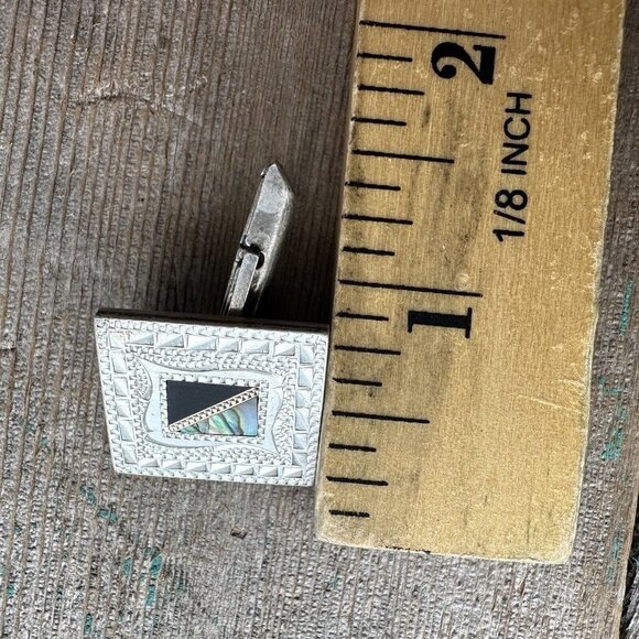 VTG Art Deco Cufflinks 0.75" Inlaid Abalone Shell Black Onyx 925‎ Sterling 21.1g - Picture 8 of 8